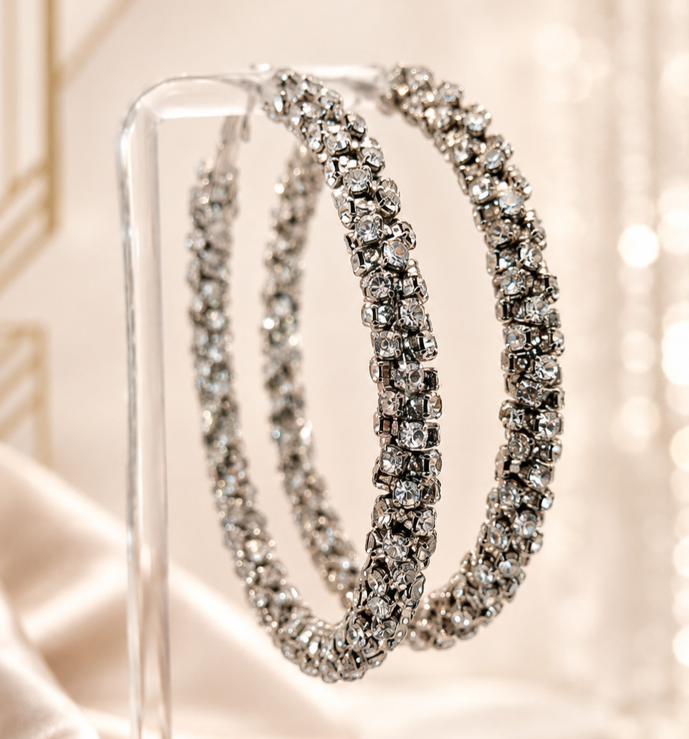 Vintage Large 3" Rhinestone Hoop Earrings Silver Tone Prong Set Runway Pageant